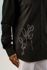 Olive Gold Lurex Stripe Shirt with Abstract Cactus Embroidery