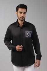Black Satin Framed Horse Portrait Wave Back Embroidered Shirt