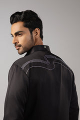 Black Satin Framed Horse Portrait Wave Back Embroidered Shirt