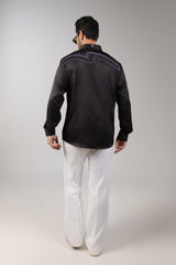 Black Satin Framed Horse Portrait Wave Back Embroidered Shirt