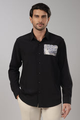 Black Matte Starry Night Temple Patch Embroidered Shirt