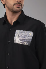 Black Matte Starry Night Temple Patch Embroidered Shirt