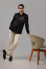 Black Satin World Map Compass Embroidered Shirt