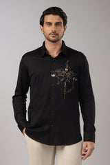 Black Satin World Map Compass Embroidered Shirt