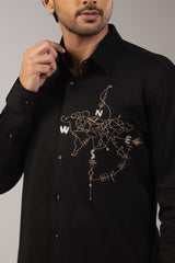 Black Satin World Map Compass Embroidered Shirt