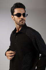 All Black Tonal Diamond Lattice Shoulder Embroidered Shirt