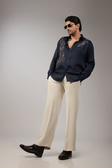 Midnight Navy Satin Diagonal Wild Botanical Embroidered Shirt