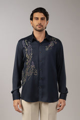 Midnight Navy Satin Diagonal Wild Botanical Embroidered Shirt