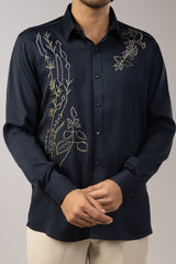 Midnight Navy Satin Diagonal Wild Botanical Embroidered Shirt