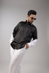 Black Satin White Sleeve Starry Forest Embroidered Shirt