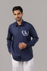 Navy Blue Stag Crest Laurel Embroidered Shirt