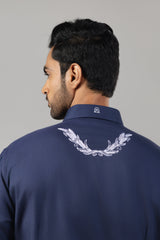 Navy Blue Stag Crest Laurel Embroidered Shirt