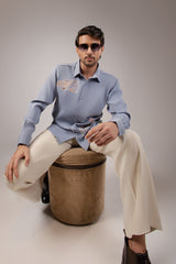 Slate Blue Rajasthani Horseman Folk Art Embroidered Shirt