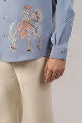 Slate Blue Rajasthani Horseman Folk Art Embroidered Shirt