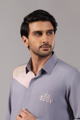 Steel Blue Colourblock Logo Embroidered Shirt