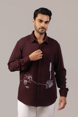 Deep Burgundy Textured Nature Landscape Embroidered Shirt