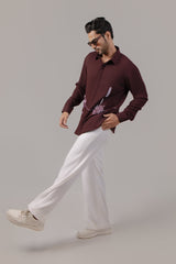 Deep Burgundy Textured Nature Landscape Embroidered Shirt