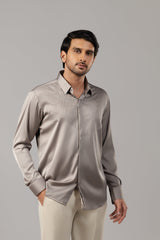 Silver Grey Satin Diamond Grid Embroidered Shirt