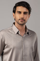 Silver Grey Satin Diamond Grid Embroidered Shirt