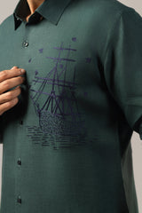 Set Sail in Forest Green — Tonal Ship Embroidered Shirt