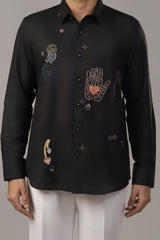 Black Shirt with Scattered Mystic Symbol Embroidery in Multicolour Thread
