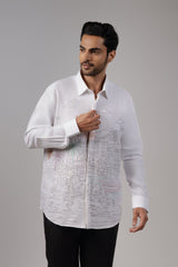 White Shirt with Mediterranean Cityscape Line-Art Embroidery