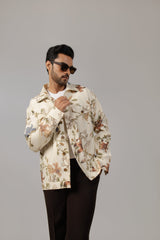 Cream Watercolour Botanical Print Shirt Sacket with Wide Lapel