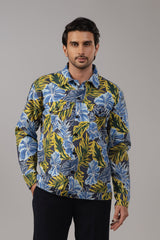 Tropical Bloom Full-Print Sacket in Blue Hibiscus and Gold Foliage