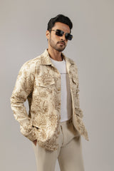 Ivory Jacobean Floral Structured Sacket with Pointed Collar and Flap Pockets