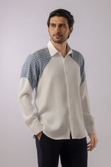 Off-White Shirt with Slate Blue Geometric Shoulder and Sleeve Panels
