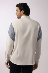 Off-White Shirt with Slate Blue Geometric Shoulder and Sleeve Panels