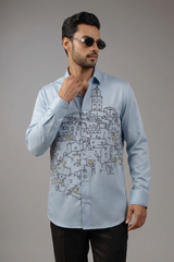 Sky Blue Mediterranean Hillside Cityscape Embroidered Shirt