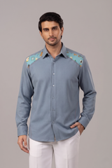 Steel Blue Textured Printed Yoke Panel Shirt