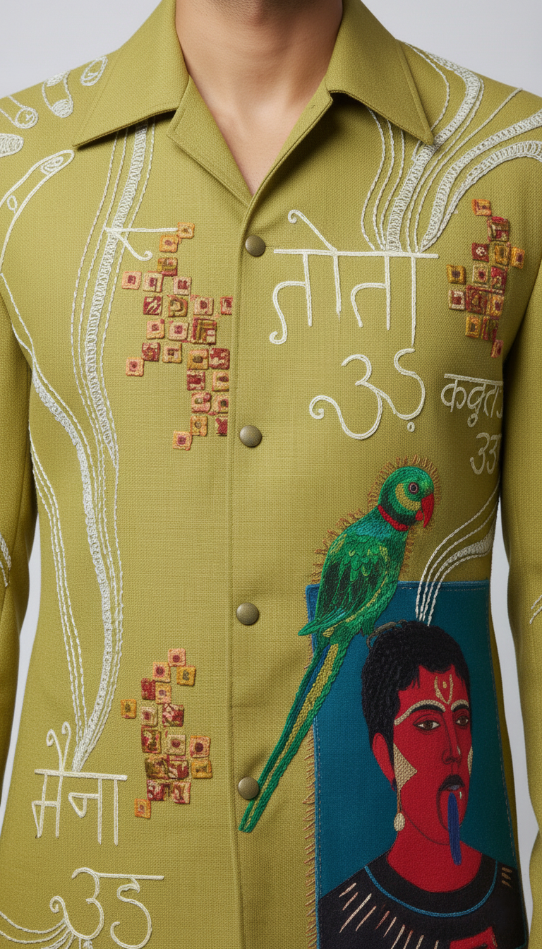 Artisan Storyteller Lime Jacket with Folk Art Embroidery