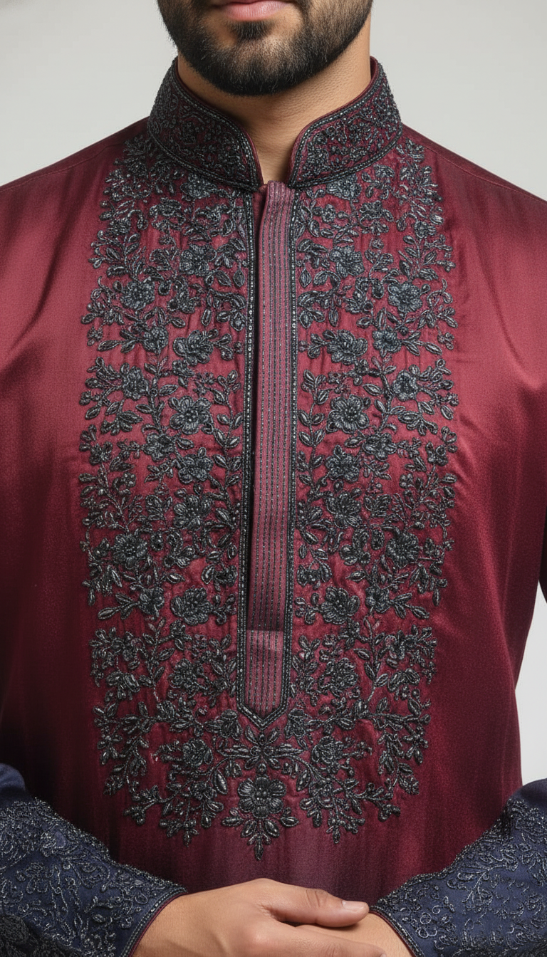 Ombre Embroidered Kurta Set - Wine to Navy