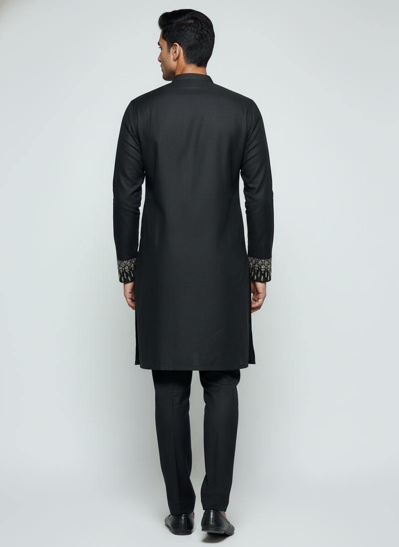 Opulent Black Kurta Set with Chest and Cuff Embellishment