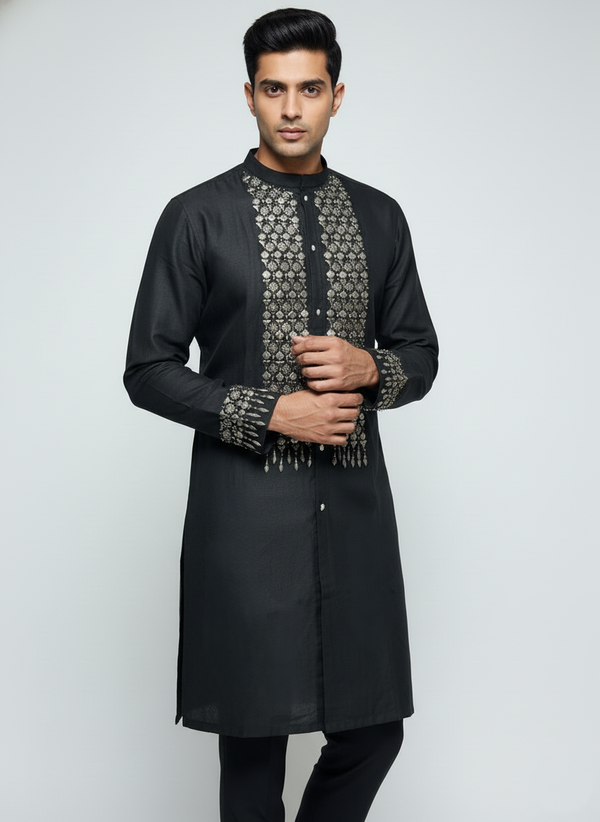 Opulent Black Kurta Set with Chest and Cuff Embellishment