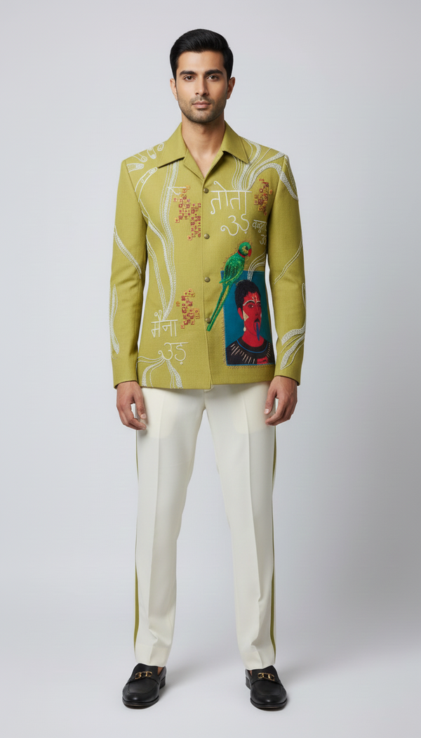 Artisan Storyteller Lime Jacket with Folk Art Embroidery