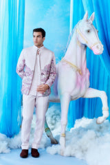White Garden City Embroidered Bandhgala Jacket Set - full length with horse
