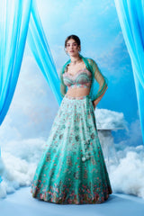 Teal Ombré Ocean Couture Bridal Lehenga - full front look