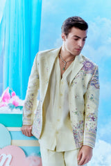 Butter Yellow Celestial Embroidered Blazer Set - close up embroidery detail
