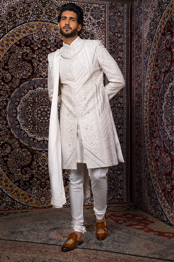 Ivory Geometric Panel Sherwani Set