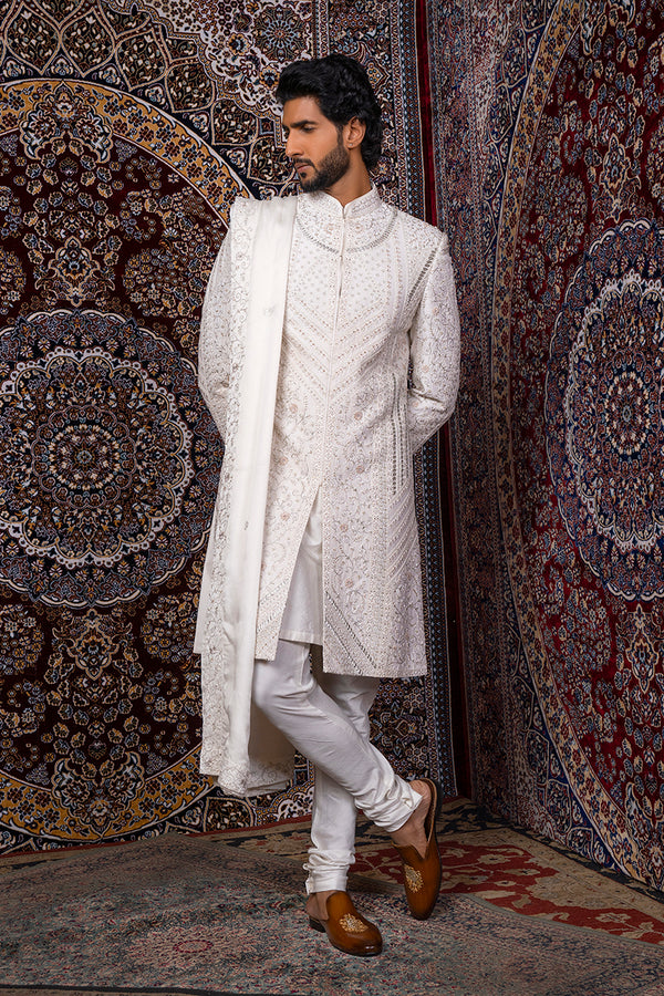 Ivory Geometric Panel Sherwani Set