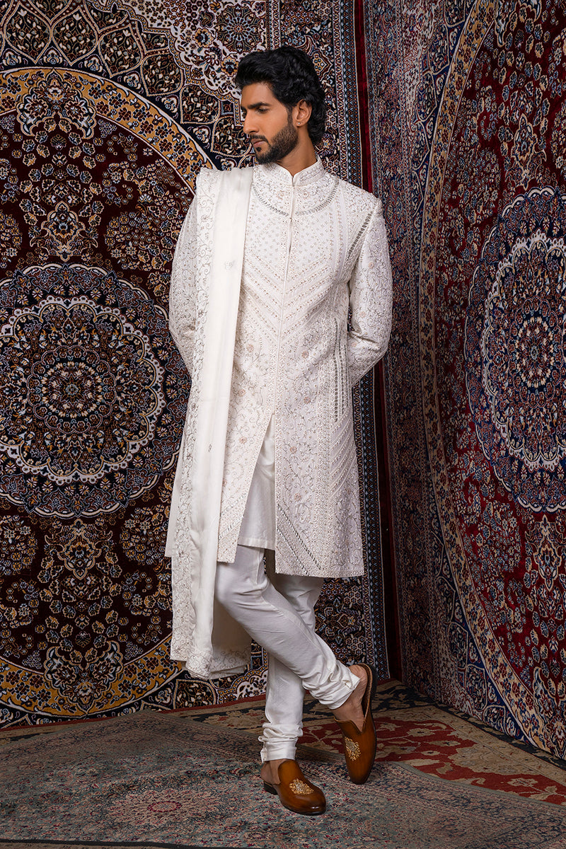 Ivory Geometric Panel Sherwani Set