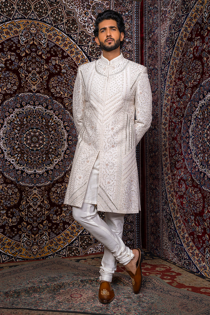 Ivory Geometric Panel Sherwani Set