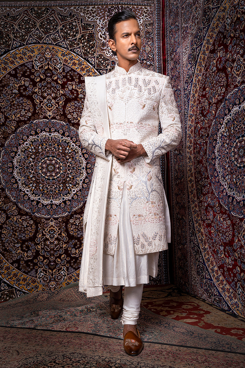 Rajwadi Handwork Ivory Sherwani Set