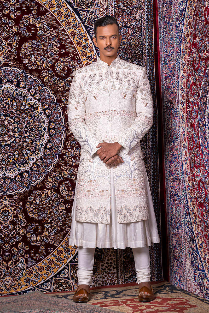 Rajwadi Handwork Ivory Sherwani Set