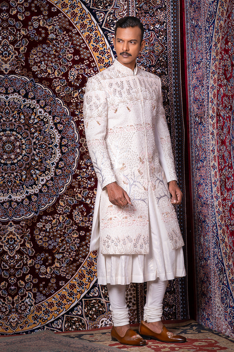 Rajwadi Handwork Ivory Sherwani Set