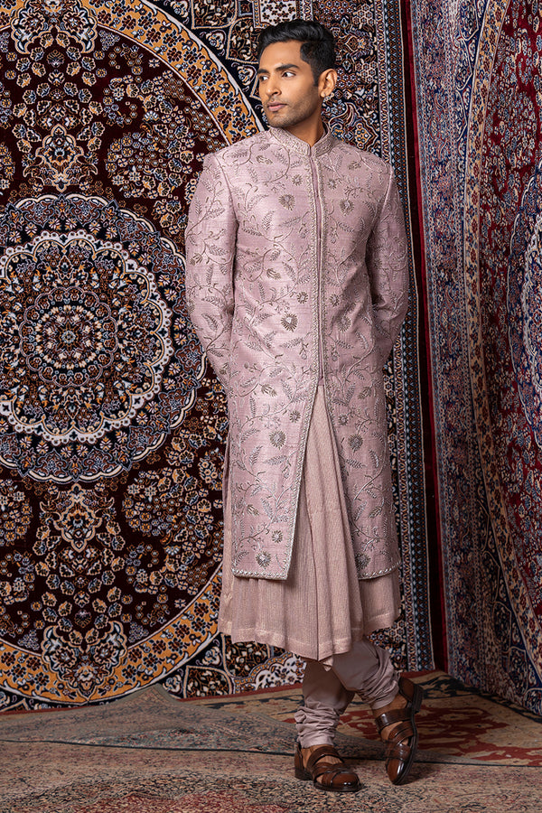 Mauve Raw Silk Heavy Work Sherwani Set