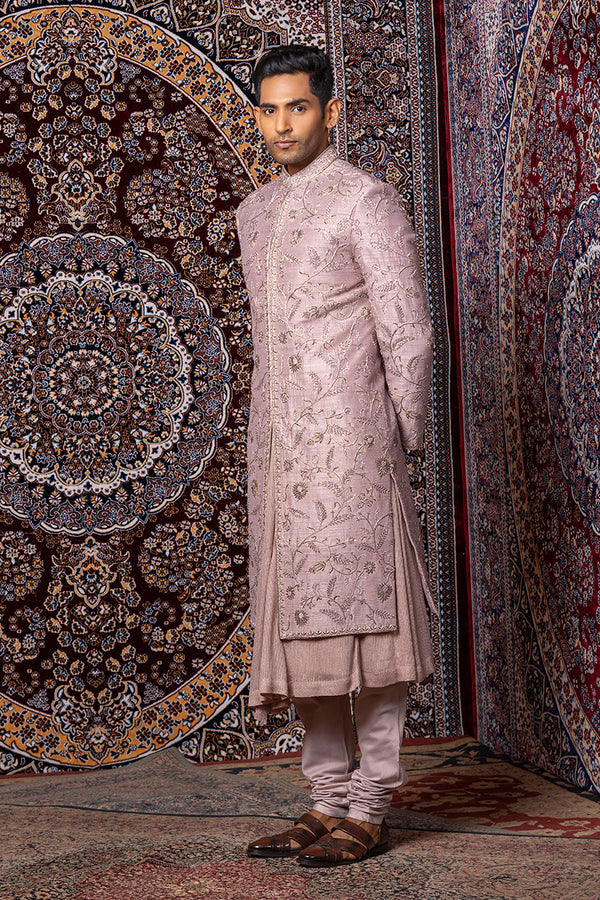 Mauve Raw Silk Heavy Work Sherwani Set